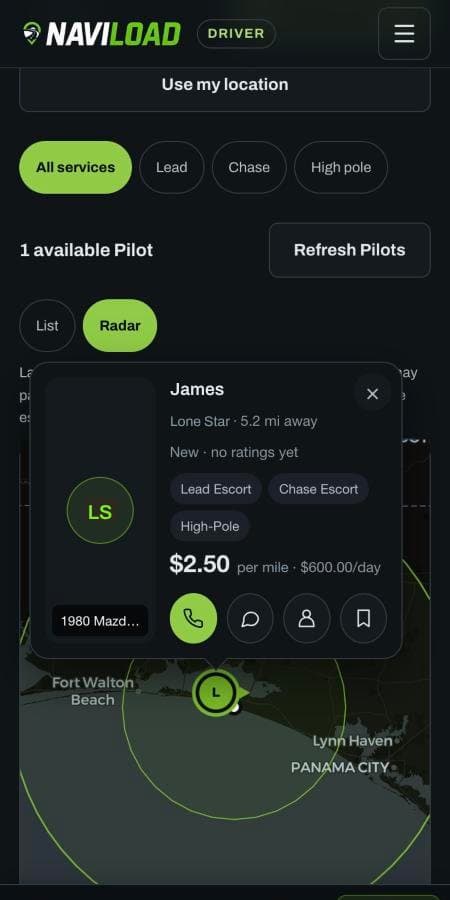 Driver Radar map with an on-duty Pilot, rate and services